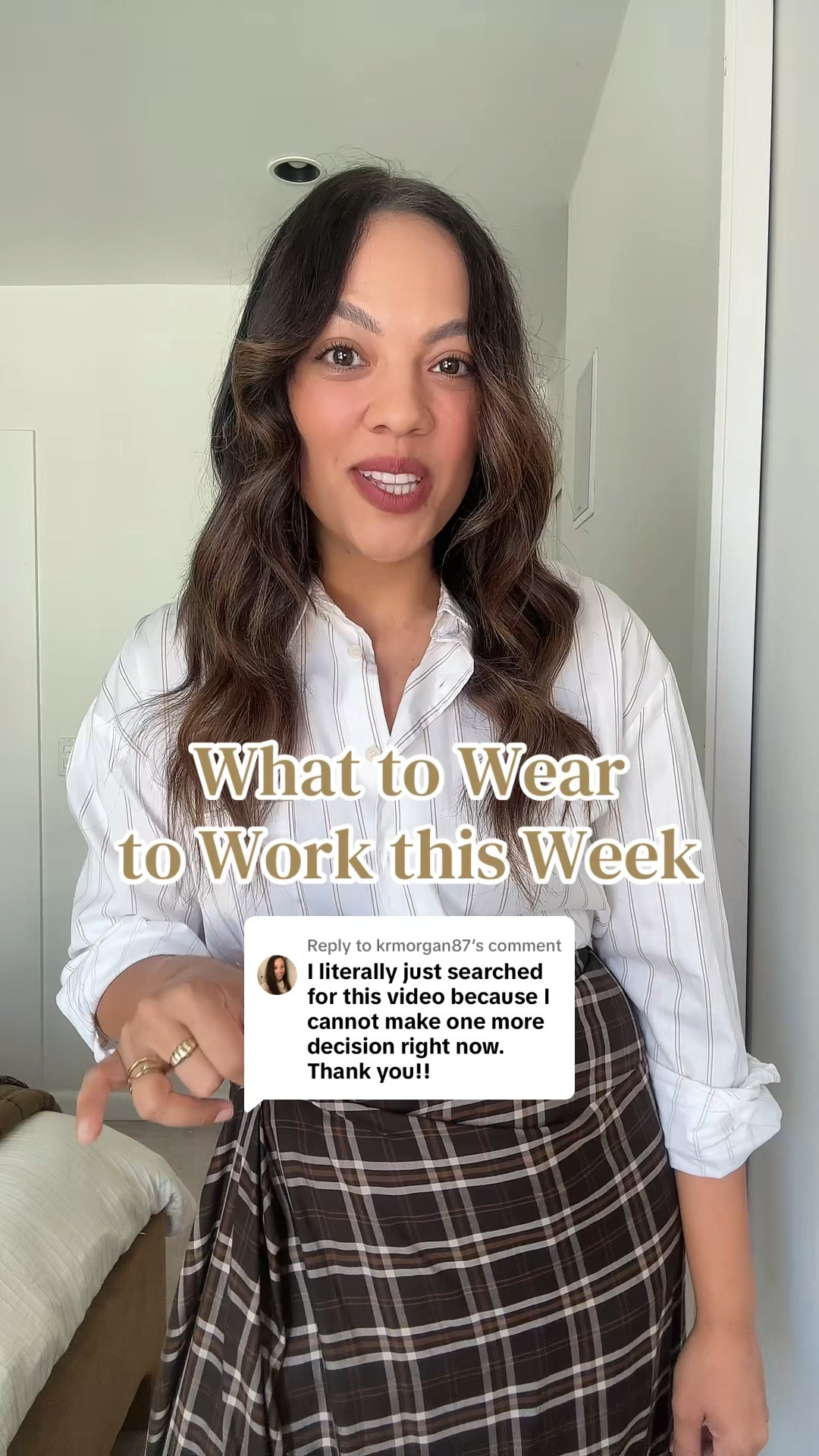 Here is what you can wear to work this week!

Monday:
-Aritzia brown plaid midi skirt, I have a size 10. 
-Reformation poplin shirt, similar linked. 
-Brown suede kitten heels, similar linked. 
-Demellier London brown suede bag. 

Tuesday:
-Aritzia black oversized blazer, I have a size 10. 
-Aritzia black T-shirt, I have a medium. 
-Aritzia white barrel trousers, I have a size 10 (helix pants). 
-Gold slingback kitten heels, similar linked. 

Wednesday:
-Aritzia white tie-front shirt-sleeved blouse, I have a large. 
-Aritzia brown high-rise tailored trousers, I have a size 10 (effortless pants). 
-Demellier London brown tote bag.

Thursday:
-Aritzia beige cashmere cardigan, similar linked. 
-Aritzia burgundy plaid pleated midi skirt, I have a medium. 
-Gold sling-back kitten heels, similar linked.

Friday:
-Aritzia black T-shirt, I have a size medium. 
-Aritzia black tie-front pants, I have a medium (lodge pants). 
-Grey plaid blazer, similar linked.

#LTKfall #LTKworkwear #LTKstyletip