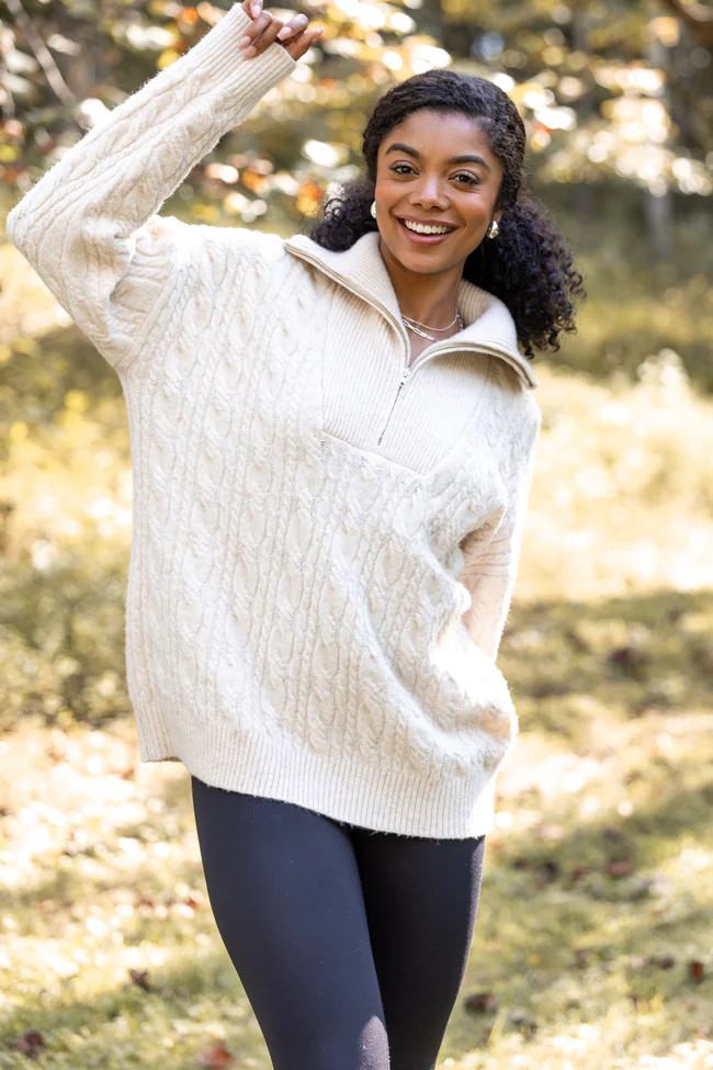 Chismer Beige Cable Knit Zip Up | Pink Lily