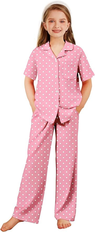Arshiner Pajamas for Girls Short Sleeve Long Pants Outfit 2 Piece Sleepwear Button Pjs Sets | Amazon (US)