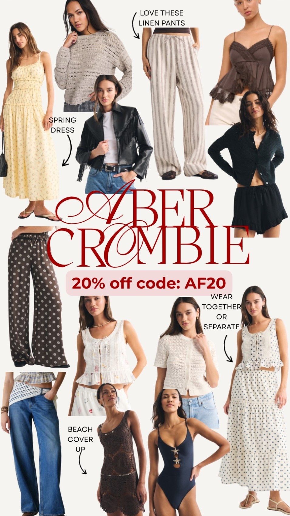 Abercrombie 20% off almost everything with code AF20

#LTKSaleAlert