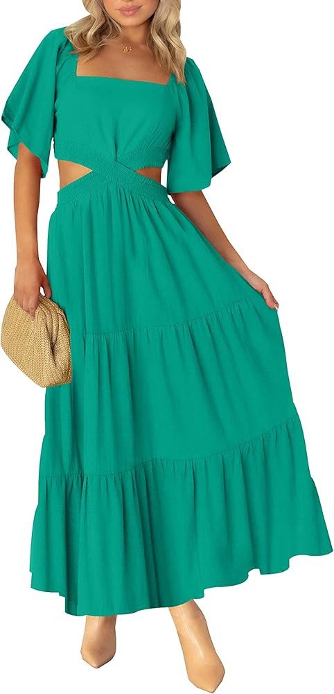 Amazon.com: LEANI Women Summer Dresses 2023 Square Neck Short Sleeve Cutout Crossover Waist Casua... | Amazon (US)