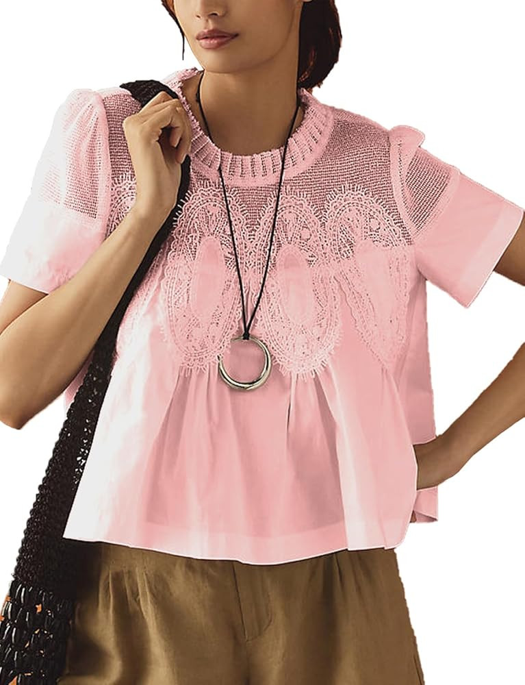 Women's Babydoll Tops Short Sleeve Lace Detail Blouses Flared Pleated Swing Sheer Mesh Shirts | Amazon (US)