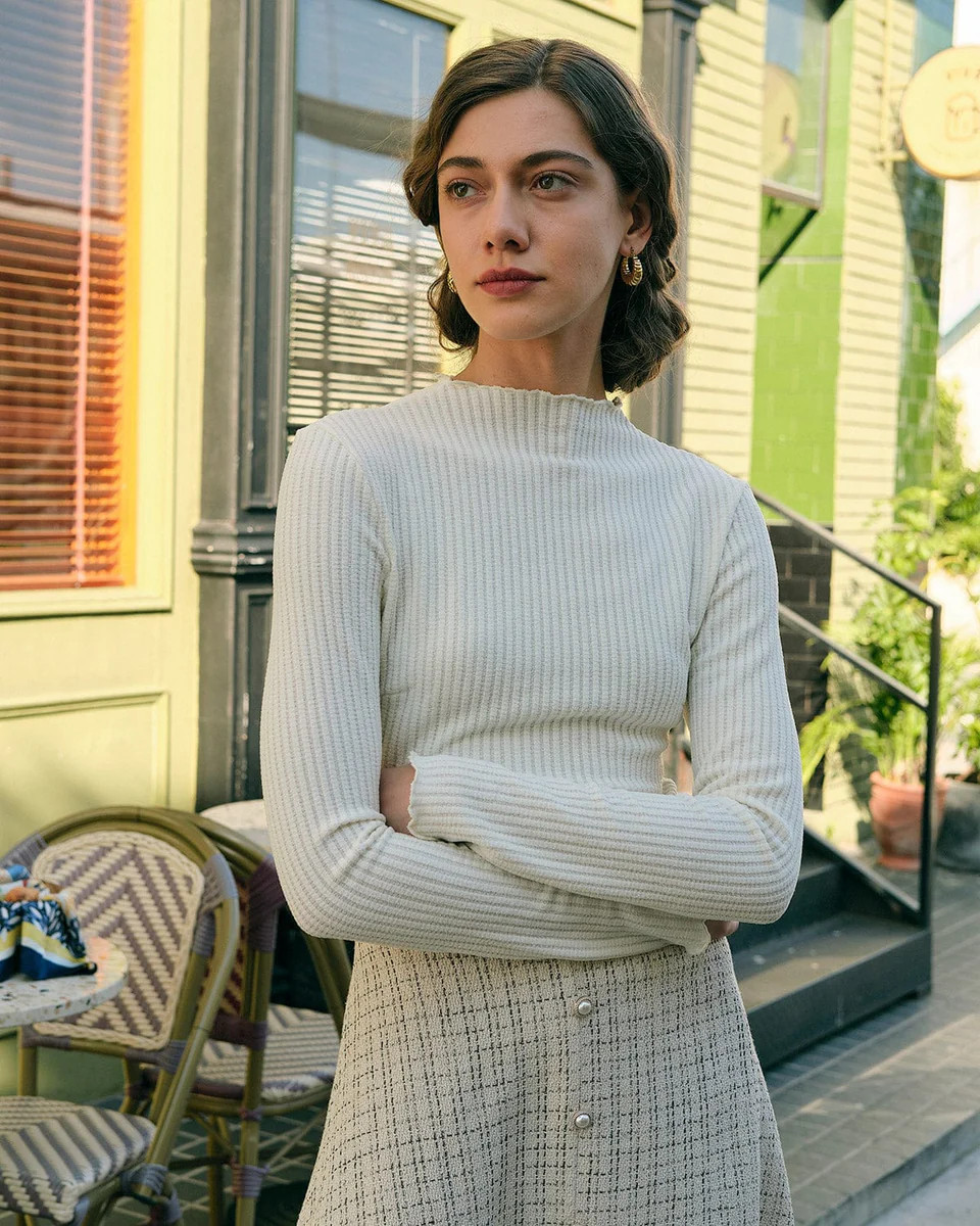 The Solid Mock Neck Slim Fit Tee - Beige - Tops | RIHOAS | rihoas.com