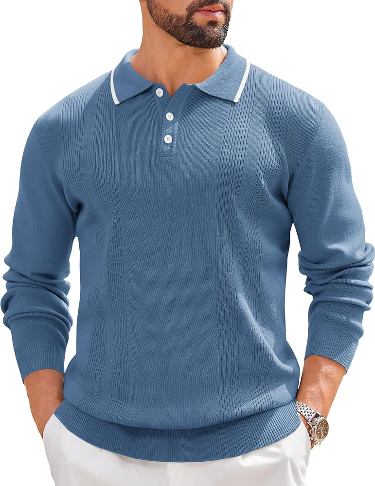 COOFANDY Mens Knit Polo Sweaters Long Sleeve Vintage Polos Casual Dress Pullover Old Money Tops | Amazon (US)