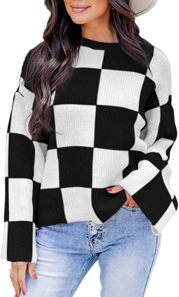 Dokotoo Womens Sweaters Crewneck Checkered Bell Sleeve Sweater Knit Pullover Tops | Amazon (US)