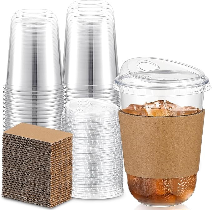 Baderke 50 Sets Clear Plastic Coffee Cups with Sip Lids and Cup Sleeve, Disposable Clear Pet Cups... | Amazon (US)