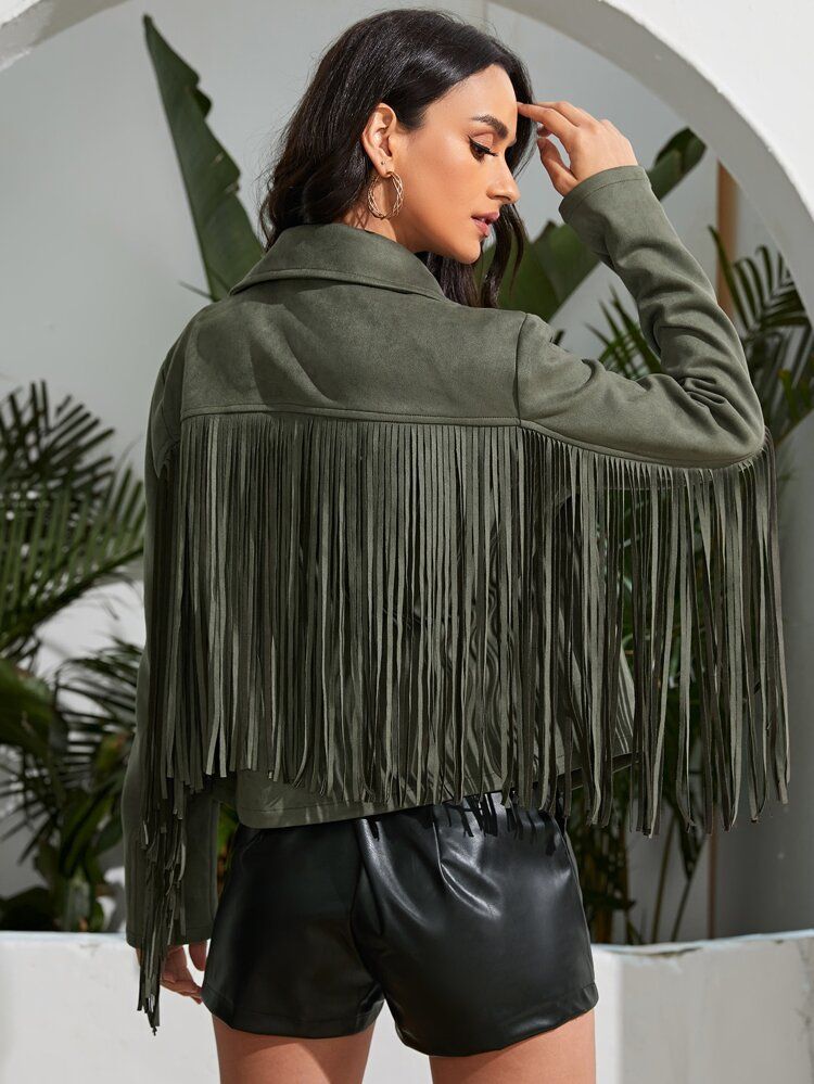 SHEIN Zip Up Fringe Trim Jacket | SHEIN