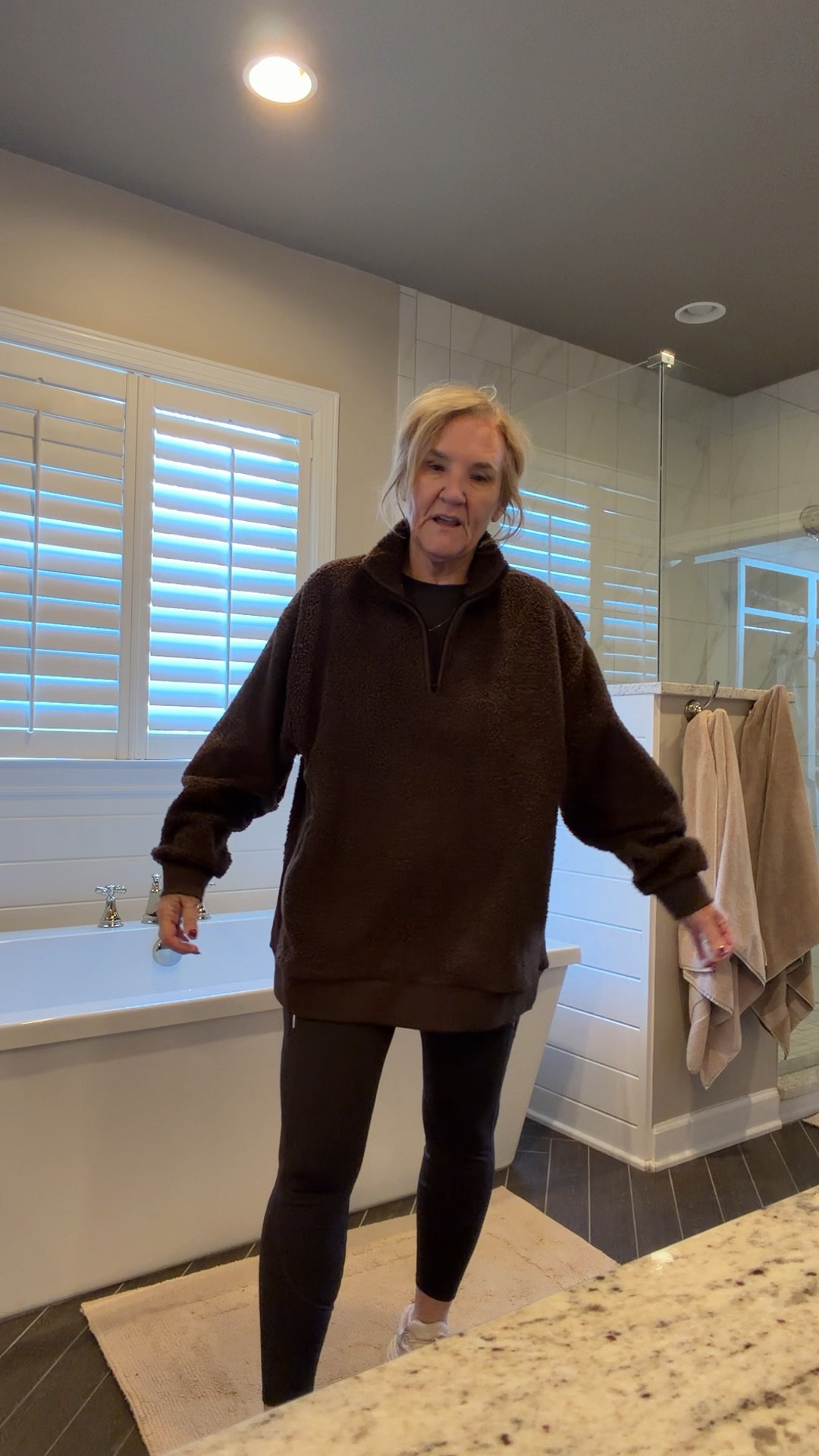 Post workout fit before I get dressed for the day. 
This Sherpa fleece is 40% off! I sized up to a large. 
Leggings are perfect for the colder temps. Medium petite 

#LTKOver40 #LTKSaleAlert #LTKActive