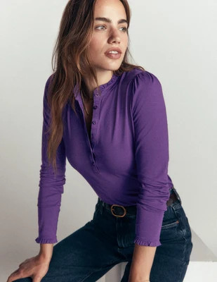 Boden Women's Supersoft Frill Henley Top in Purple | Size 4 | Boden (US)