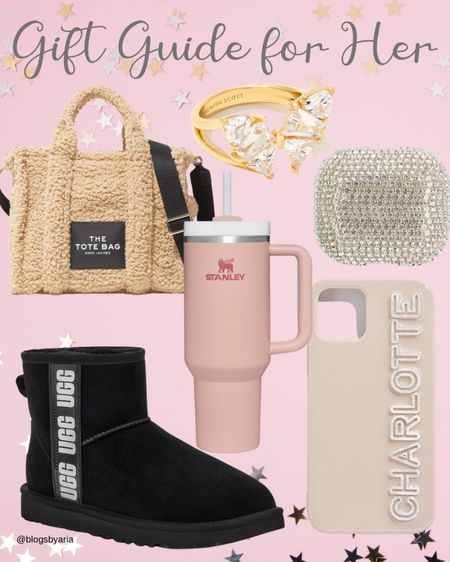 Gift guide for her, including all of her must have on her wish list, including this Sherpa tote bag, personalized phone case, pink Stanley mug, UGG, boots, butterfly ring, bling, AirPod Case. These make great gifts for teens or your best friend or yourself! #ltkhome #thetotebag #sherpabag #stanleymug #ltkseasonal #ltkholiday 

#LTKitbag #LTKstyletip #LTKGiftGuide
