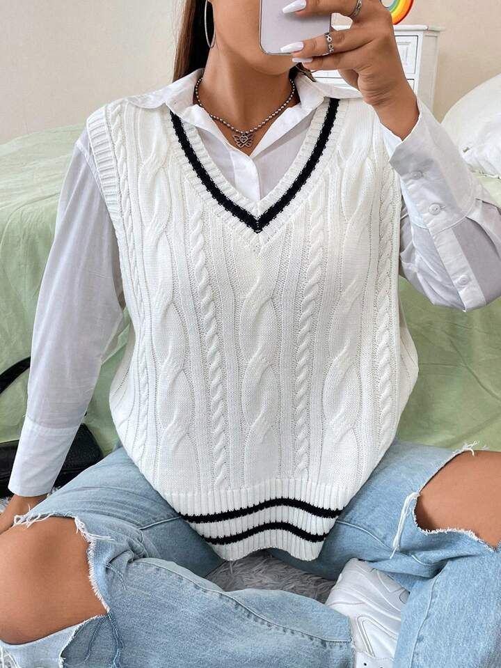 SHEIN Qutie Plus Striped Trim Cable Knit Sweater Vest Without Blouse | SHEIN