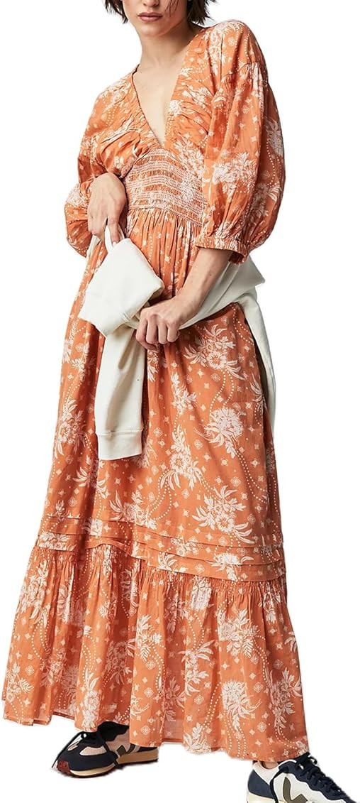 Argeousgor Boho Flowy Maxi Dress for Women Puff Long Sleeve Square Neck Embroidered Swing Tiered ... | Amazon (US)