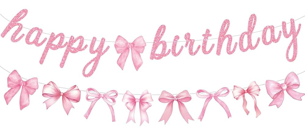 Pink Bow Happy Birthday Banner Garland for Girl Pink White Bow Party Decor Coquette Birthday Part... | Amazon (US)