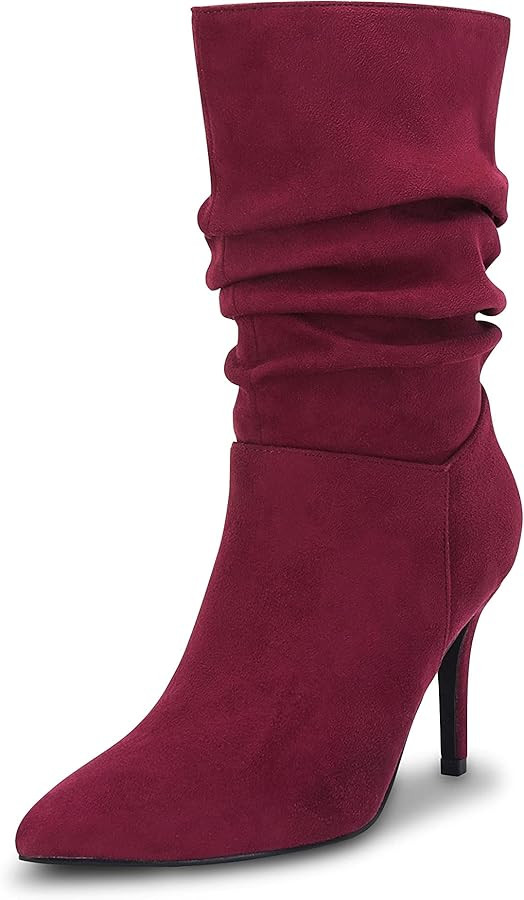 Coutgo Women's Mid Calf Slouchy Boots Suede High Heel Slip-on Stiletto Sexy Pointed Toe Booties | Amazon (US)