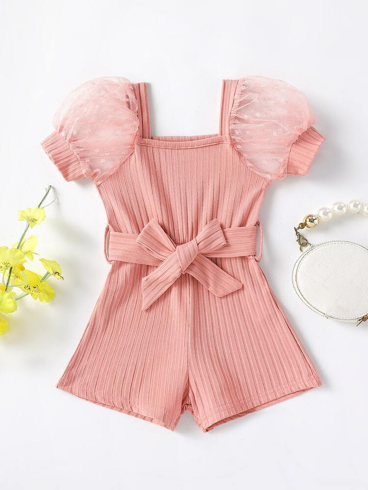 Baby Mesh Insert Puff Sleeve Belted Romper | SHEIN