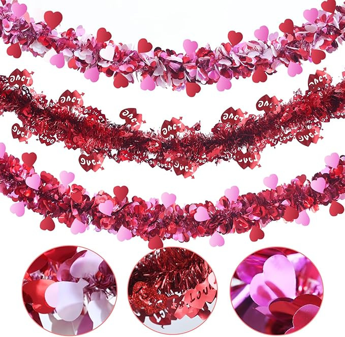 Meag-L 3 Pcs Valentine Garland Tree Decorations Valentine's Day Decors Heart Metallic Tinsel Garl... | Amazon (US)