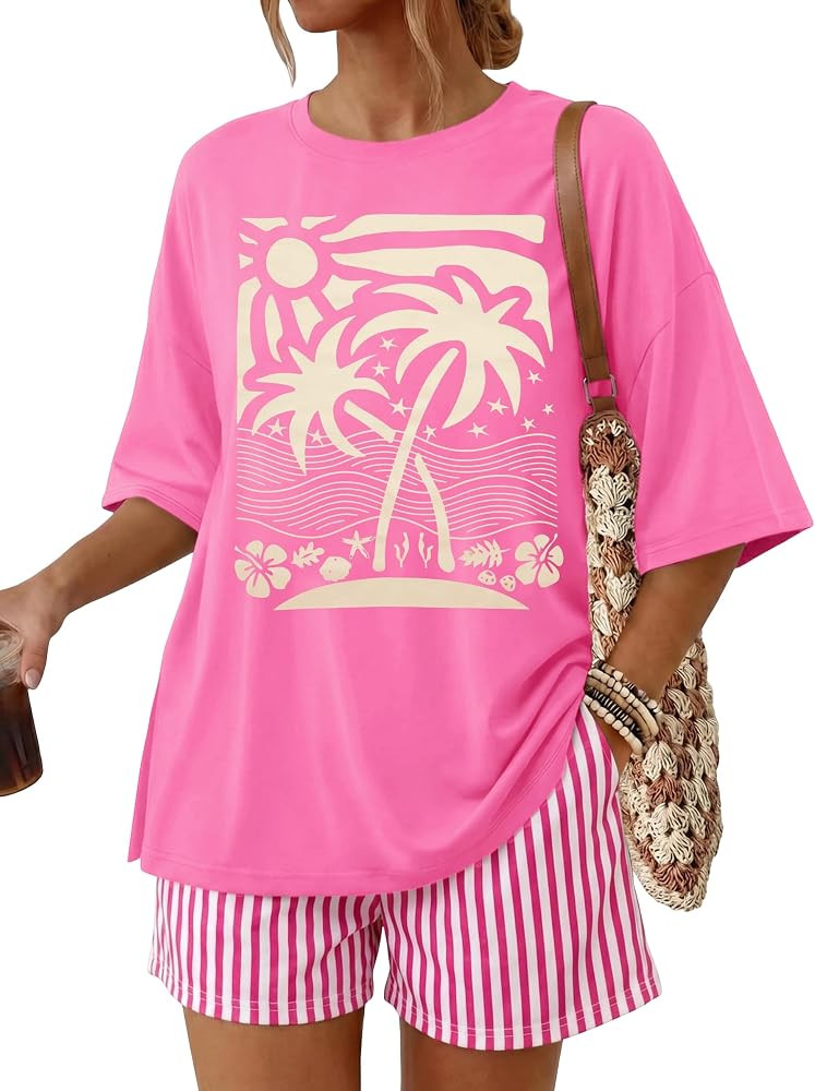 MAXIMGR 2 Piece Summer Sets for Women Palm Tree Beach Graphic Oversized Top Striped Shorts Lounge... | Amazon (US)