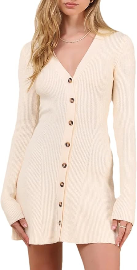 Bozanly Women's Elegant Deep V Neck Long Sleeve Button Front Ribbed Knit Mini Dress Sexy Sweater ... | Amazon (US)