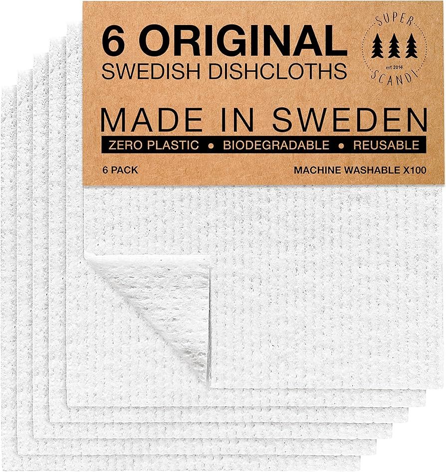 SUPERSCANDI 6 Pack White Swedish Dishcloths for Kitchen Reusable Compostable Towels Made in Swede... | Amazon (US)