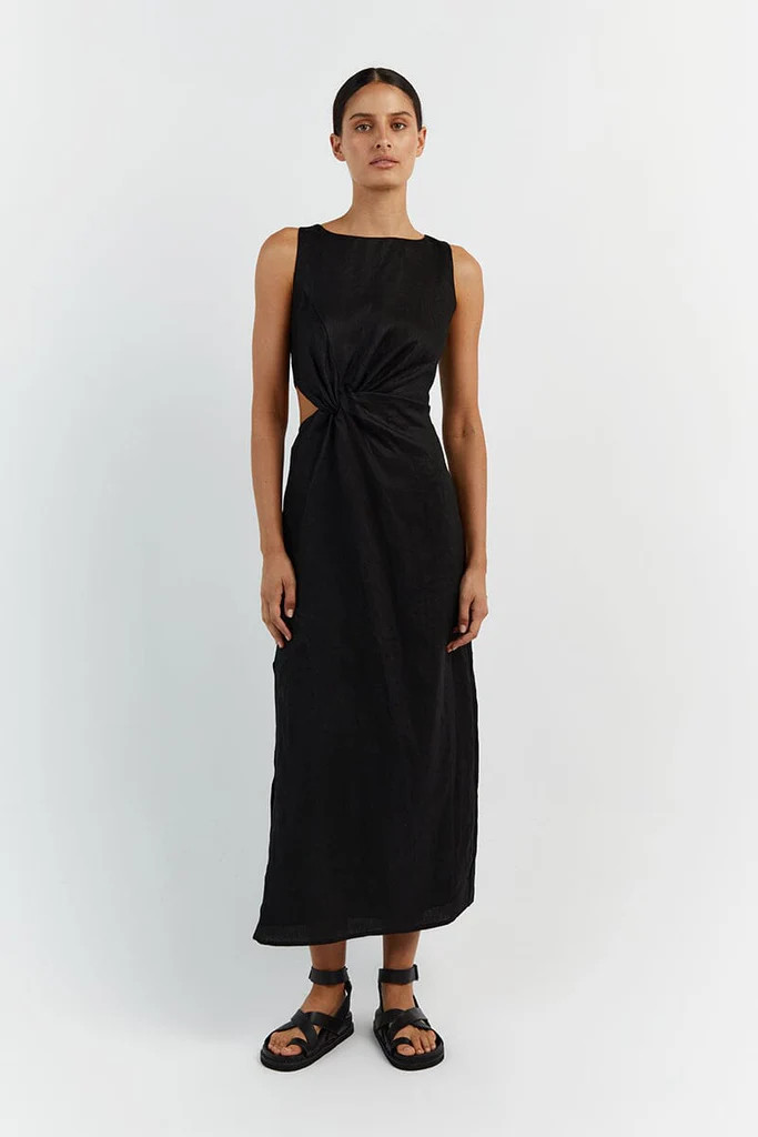 LEILANI BLACK LINEN MIDI DRESS | DISSH