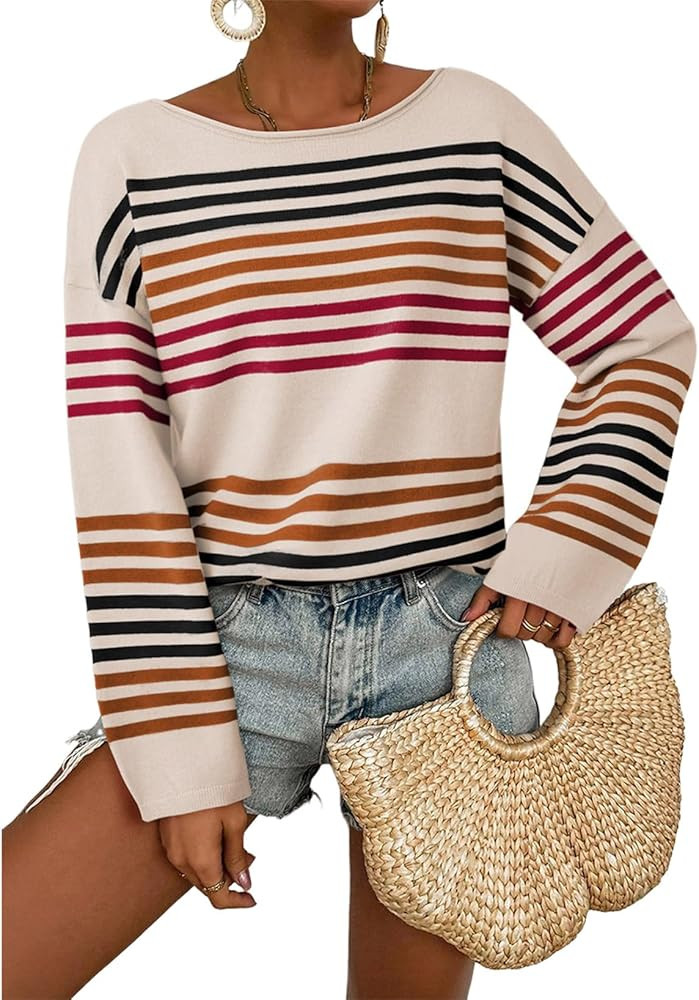 Dokotoo Womens Striped Casual Sweaters 2025 Fall Trendy Loose Fit Knit Pullover Tops | Amazon (US)
