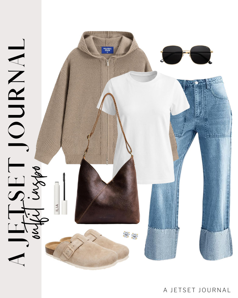Ready for the next outfit? Wear this khaki Aelfric Eden zip-up cardigan over this white Madewell vintage T-shirt and PLNOTME cuffed jeans. This fit goes well with Project Cloud leather slip-on footbed clogs and Portland Leather Goods Naomi shoulder bag. You can also wear these SOJOS classic sunnies and apply the ILIA - Limitless Lash Mascara to complete the fit. 

 #LTKSeasonal #LTKSaleAlert #LTKTravel