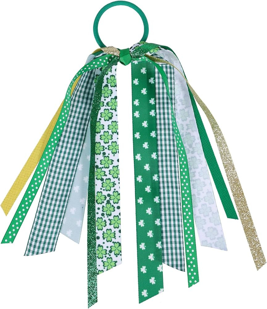 Girls St. Patrick's Day Ponytail Holder Hair Streamer Hair Ties,Glitter Green Shamrock Clover Rib... | Amazon (US)