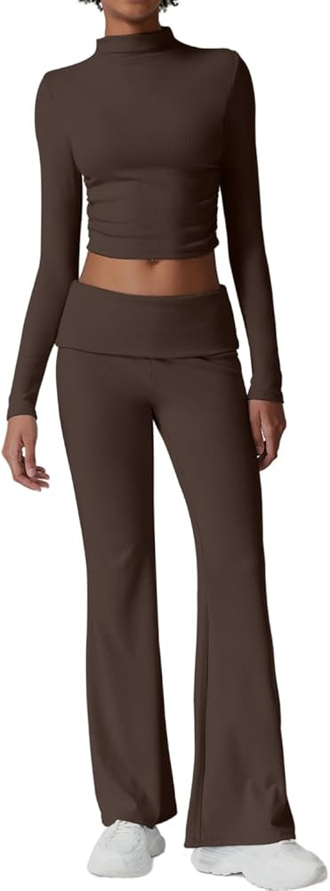 QINSEN Womens 2 Piece Lounge Sets Mock Neck Long Sleeve Tops with Side Ruched Fold Over Flare Pan... | Amazon (US)