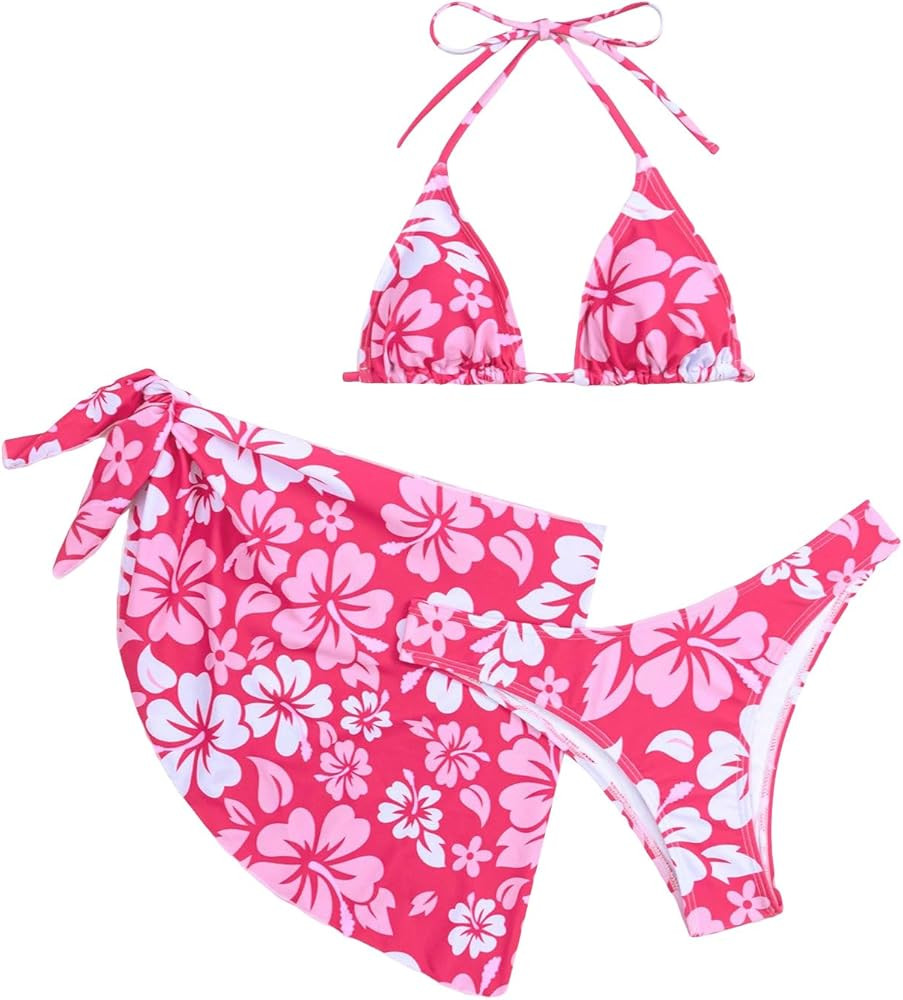 MakeMeChic Women's 3 Piece Bikini Set Halter Tie Back High Cut Swimsuit Bathing Suit with Cover U... | Amazon (US)