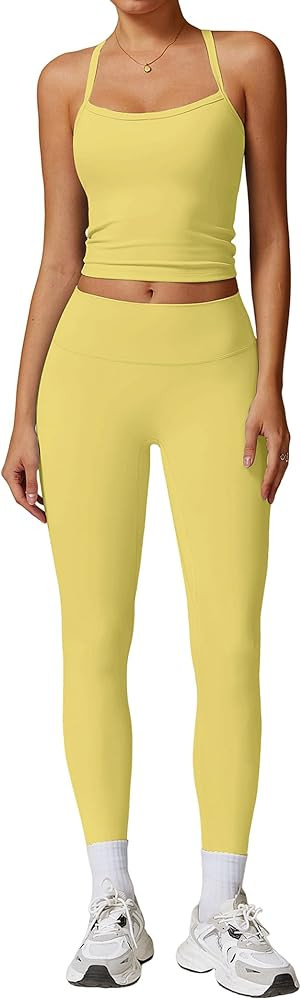Womens Workout Sets Two Piece Cross Back Tank Top Matching High Waist Leggings Sets Gym Outfits W... | Amazon (US)