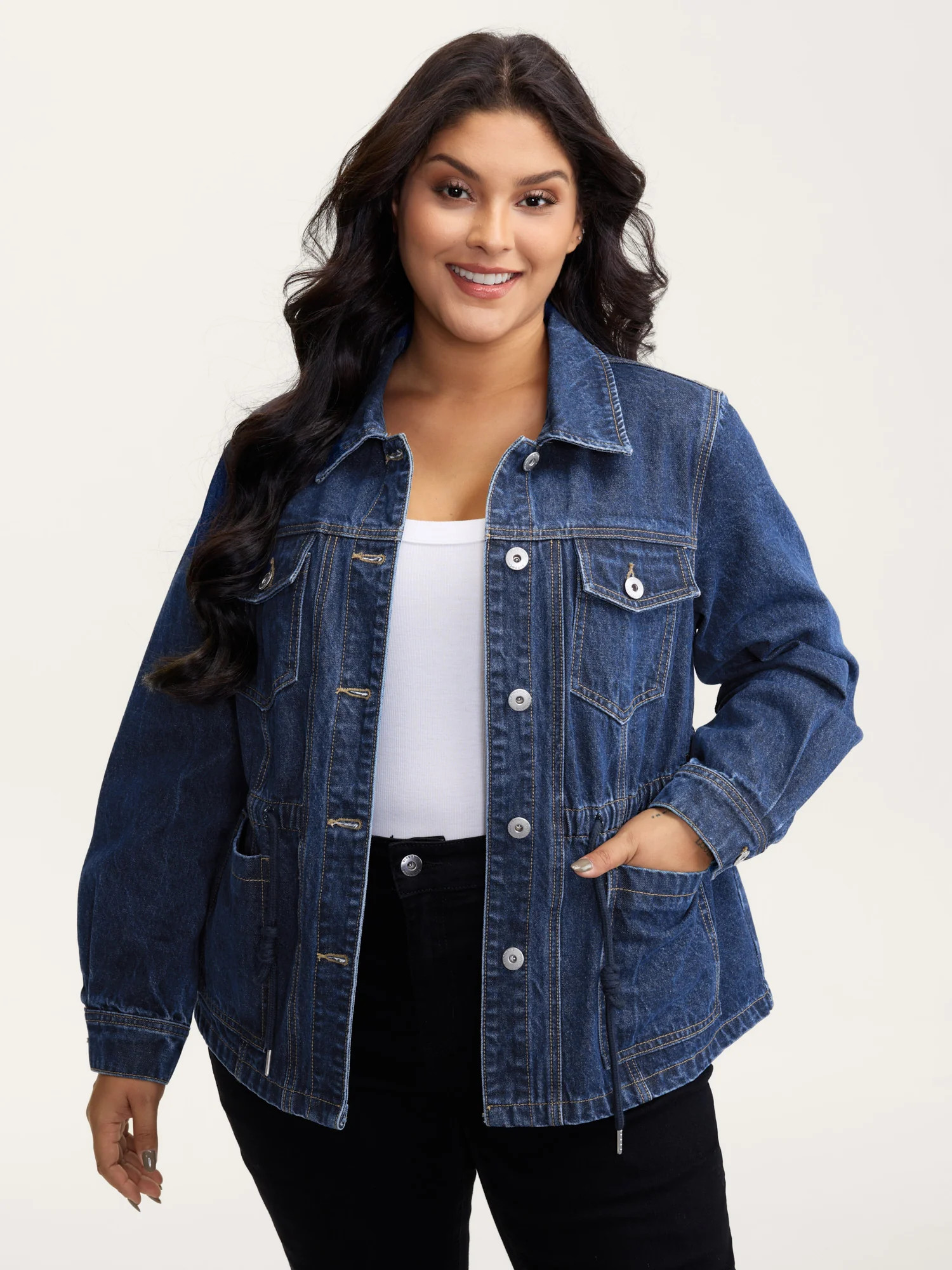 Supersoft Stretchy Waist Button-Down Denim Jacket | Bloomchic