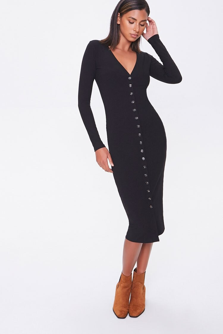 Button-Front Midi Dress in Black Large | Forever 21 (US)