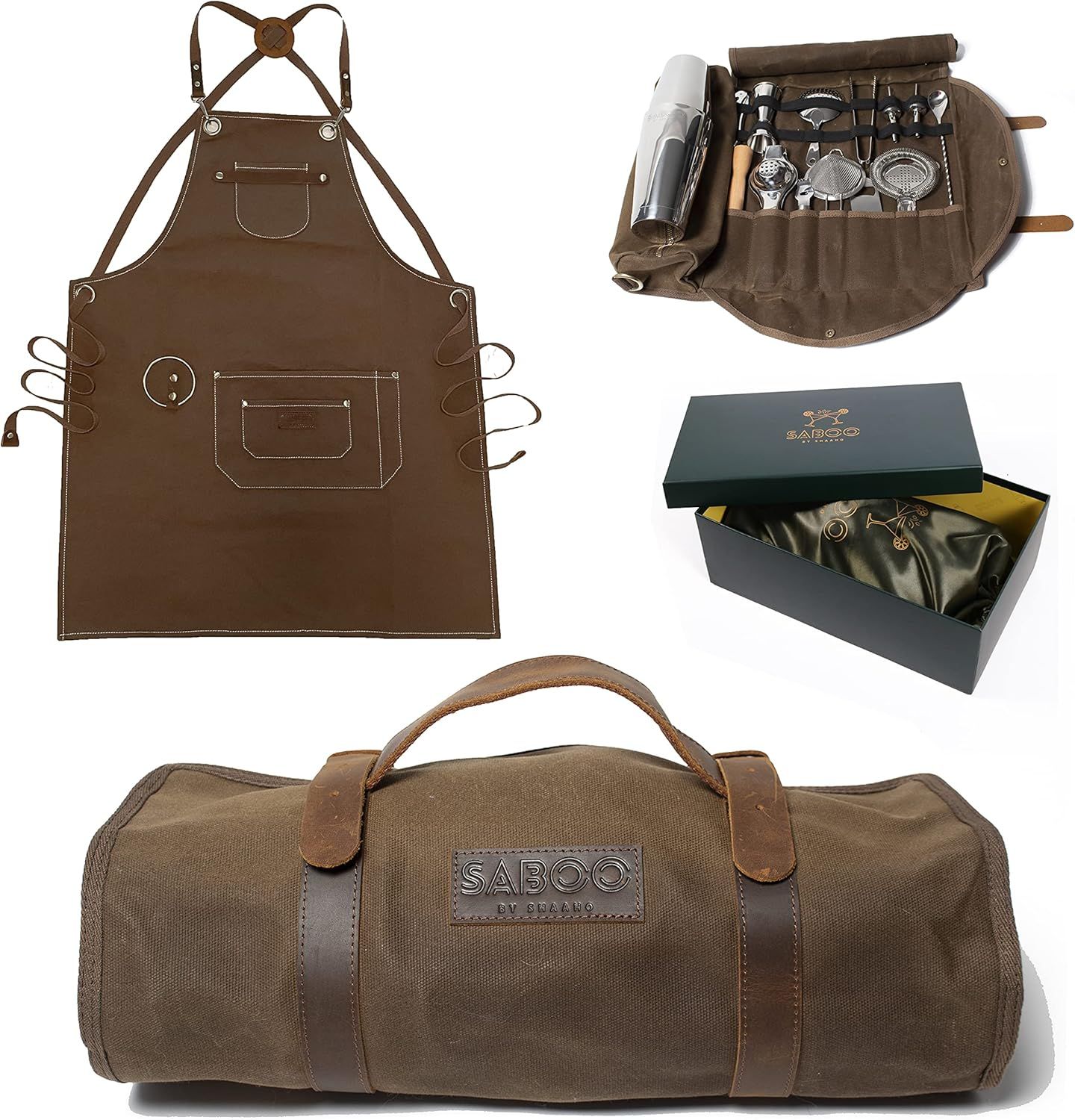 SABOO Travel Bartender Kit Plus Stylish Canvas Apron, Wax Canvas Bag Genuine Leather Strap, Profe... | Amazon (US)