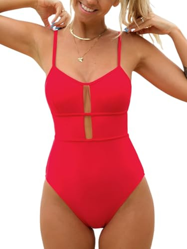 CUPSHE Women's One Piece Swimsuit Scoop Neck Adjustable Straps Cutout Back Self Tie Bathing Suit, XS Solid Red | Amazon (US)