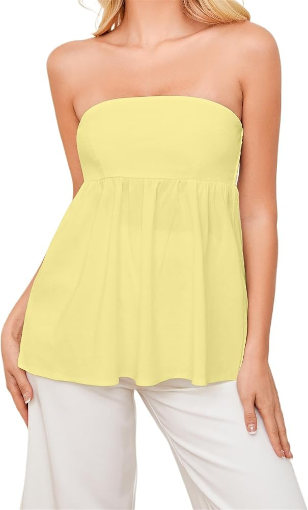 Women Strapless Bandeau Tube Top Ruffle Hem Off Shoulder Sleeveless Pleated Peplum Blouse Flowy C... | Amazon (US)