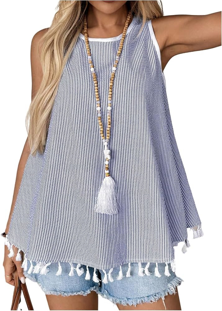 SOLY HUX Women's Striped Tank Tops Tassel Sleeveless Crew Neck Loose Casual Summer Top | Amazon (US)