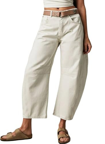 Womens Stretchy Mid Rise Barrel Jeans Vintage Loose Wide Leg Cropped Denim Pants Y2k Baggy Boyfriend Jeans (Medium,Ivory) | Amazon (US)