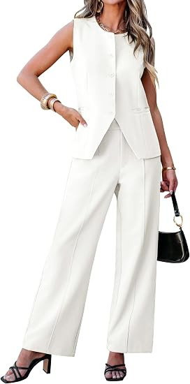 luvamia Vest Pants Suits for Women Dressy 2 Piece Business Casual Outfits Sleeveless Blazer Wide ... | Amazon (US)