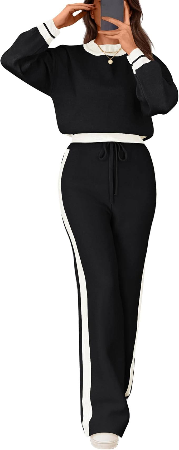 HAEOF Women's 2 Piece Sweaters Sets 2024 Fall Outfits Crop Pullover Wide Leg Pants Comfy Knit Lou... | Amazon (US)