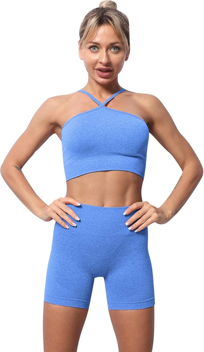 Womens Workout Sets 2 Piece Yoga Outfits Criss Cross Sports Bra High Waist Yoga Shorts Sets Track... | Amazon (US)