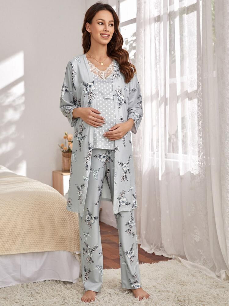 Maternity Polka Dot Contrast Lace Nursing Top & Floral Print Pants With Robe Lounge Set | SHEIN