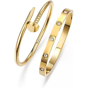 18K Gold Plated Love Nail Bangle Bracelet Set Stackable Dupes Stainless Steel Bangle Set for Love... | Amazon (US)