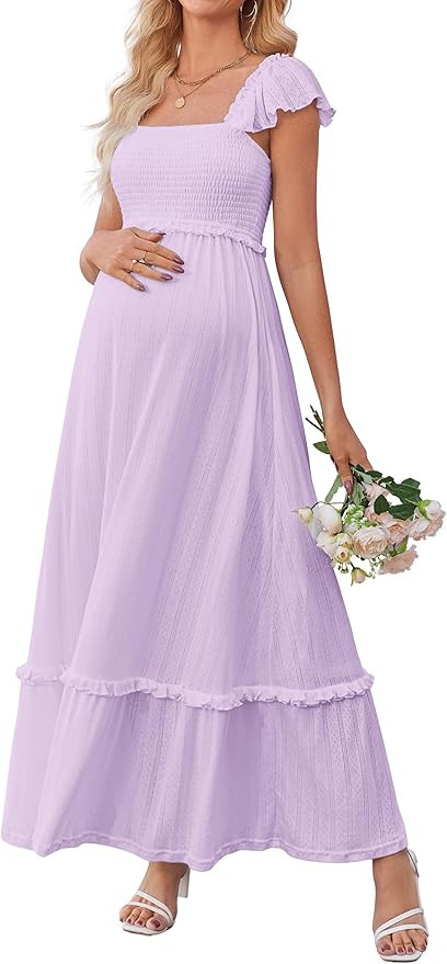 OUGES Womens 2025 Summer Maternity Photoshoot Dress Boho Maxi Smocked Baby Shower Dress Ruffle Sl... | Amazon (US)