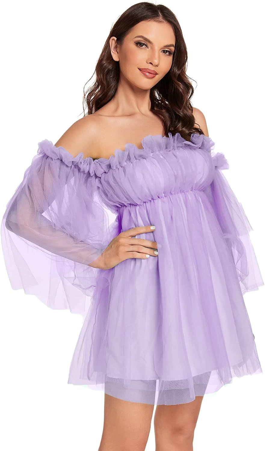 Romwe Women's Romantic Off Shoulder Flounce Long Sleeve Wedding Ruffle Mesh Party Mini Dress | Amazon (US)