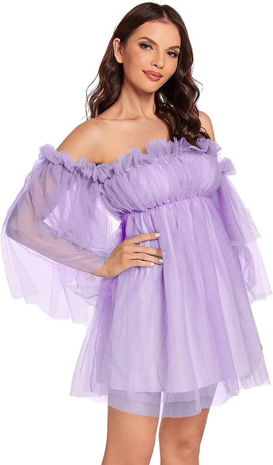 Romwe Women's Romantic Off Shoulder Flounce Long Sleeve Wedding Ruffle Mesh Party Mini Dress | Amazon (US)