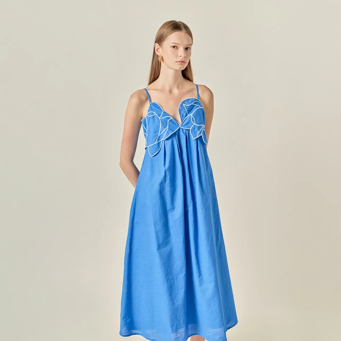 Floral Applique Pleated Midi Dress BLUE / L | English Factory