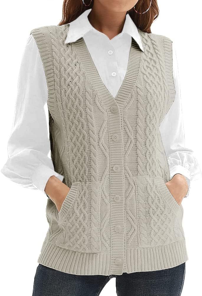 Womens’Knit Sweater Vest V Neck Sleeveless Cardigan Button Down Sweater Pocket Outwear Tops | Amazon (US)