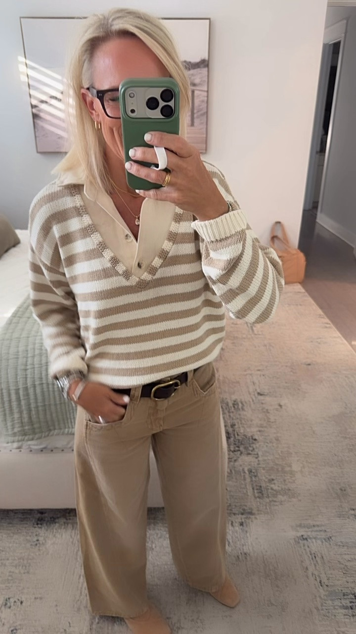 Trying to pick my outfit for dinner in 30a 
Anthropologie head to toe 
Living these new denim - size done one. In 26
Also love this sweater that looks like you have two layers on, but it is not two layers. It is a canvas denim collar with a cute stripe body. ￼

#LTKootd #LTKOver40 #LTKTravel