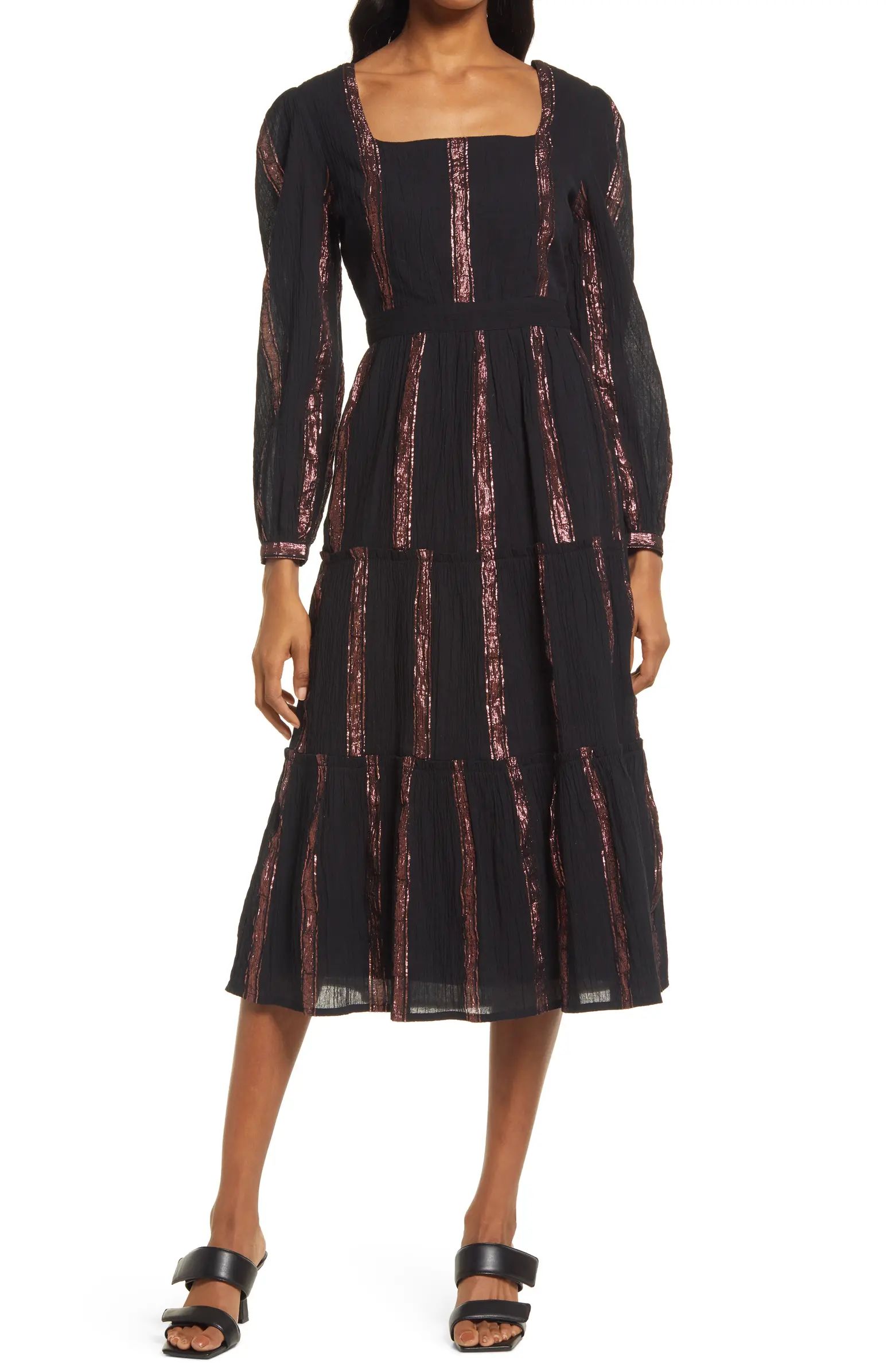 Rihana Metallic Thread Cotton Gauze Long Sleeve Babydoll Dress | Nordstrom