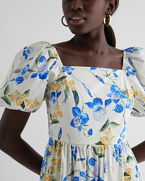 Floral Square Neck Puff Sleeve Tiered Poplin Midi Dress | Express